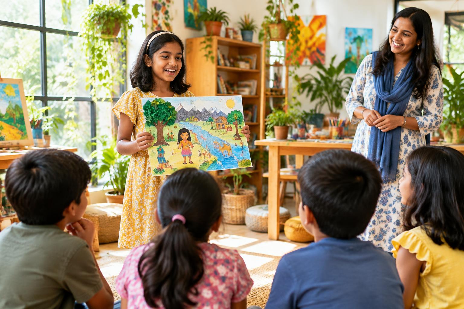 Child sharing a story with classmates