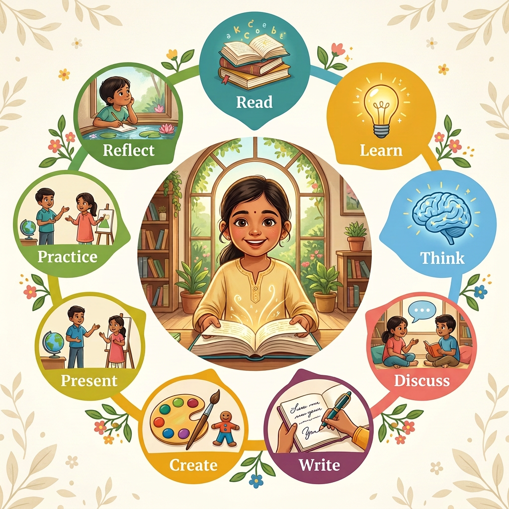The RCC learning cycle: read, learn, think, discuss, write, create, present, practice and reflect
