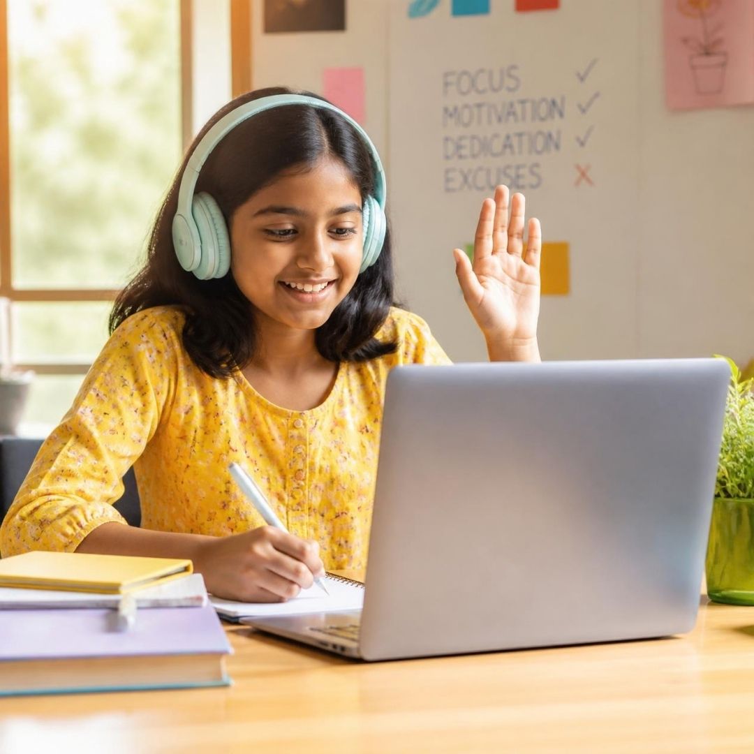 Child raising her hand in a live online RCC Junior class