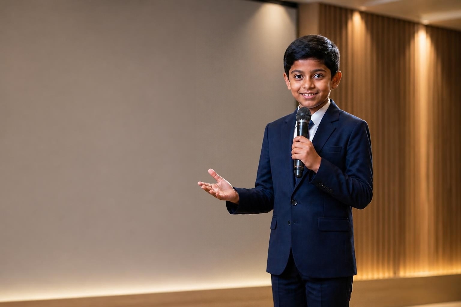 Child speaking confidently on stage with a microphone