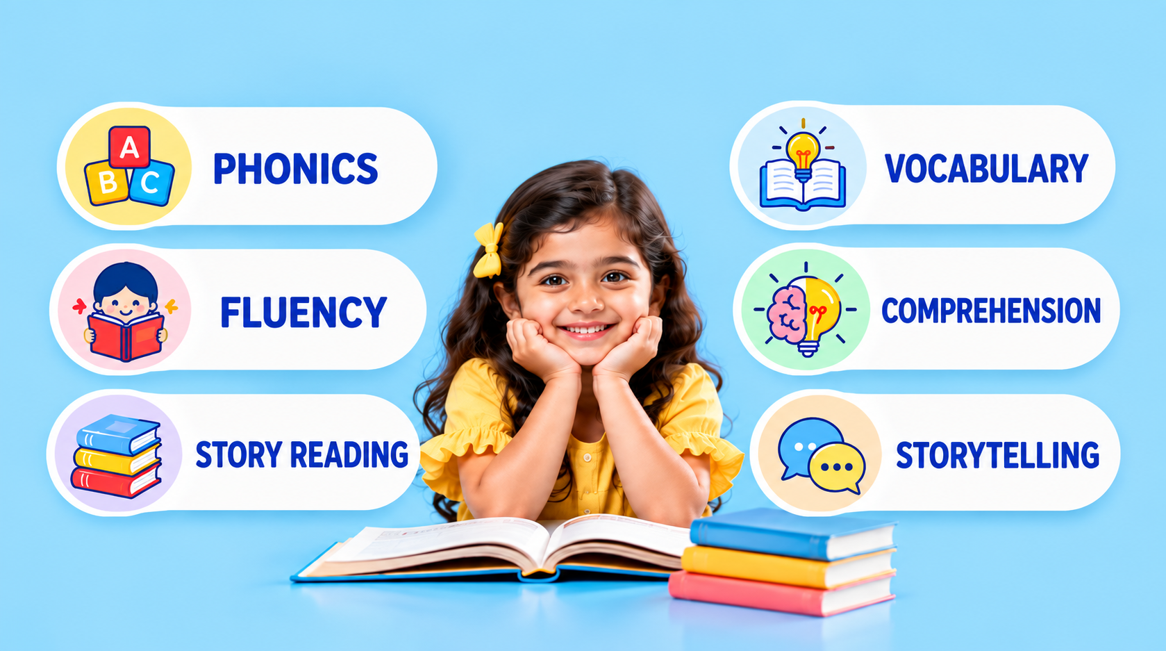 Raising Confident Readers skills: phonics, vocabulary, fluency, comprehension, story reading and storytelling